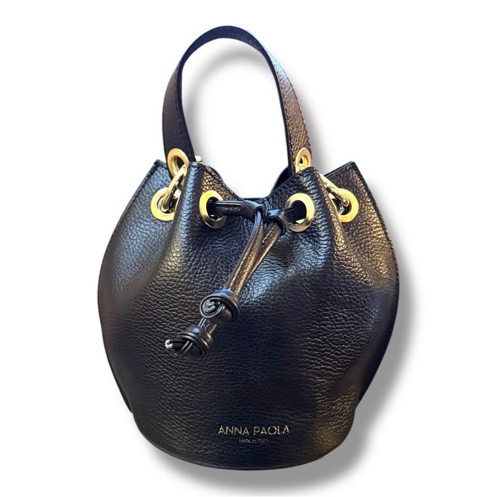 ANNA PAOLA Black Leather Mini Bucket Bag with Gold Chain - Picture 3 of 9